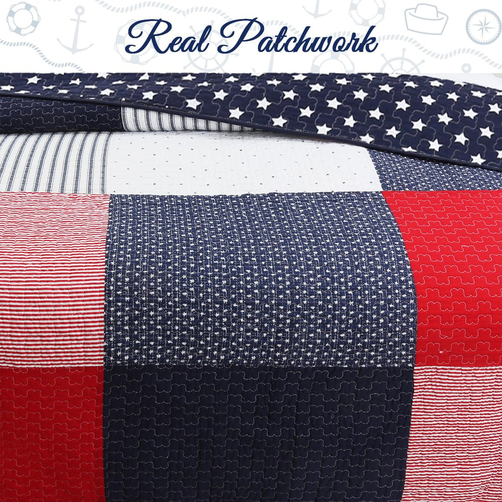 100% Cotton Sailor Navy Blue Star Striped Print Cotton Reversible Bedding Quilt Set (Patriotic Patchwork)