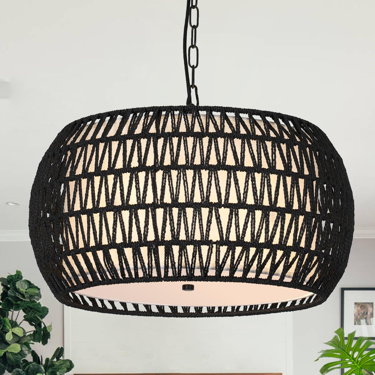 Farmhouse Chandeliers, 5-Lights Rattan Boho Chandelier Light Fixture, Black Woven Dining Room Light Fixture with
