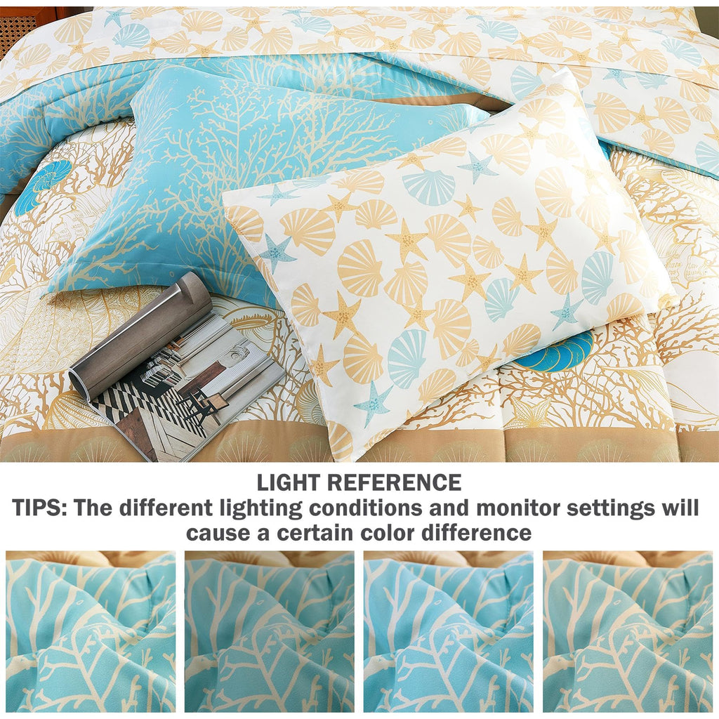 Blue Coastal Comforter Set 7 Pieces, Starfish Printed Bedding Bed in A Bag, Soft Microfiber Comforter with