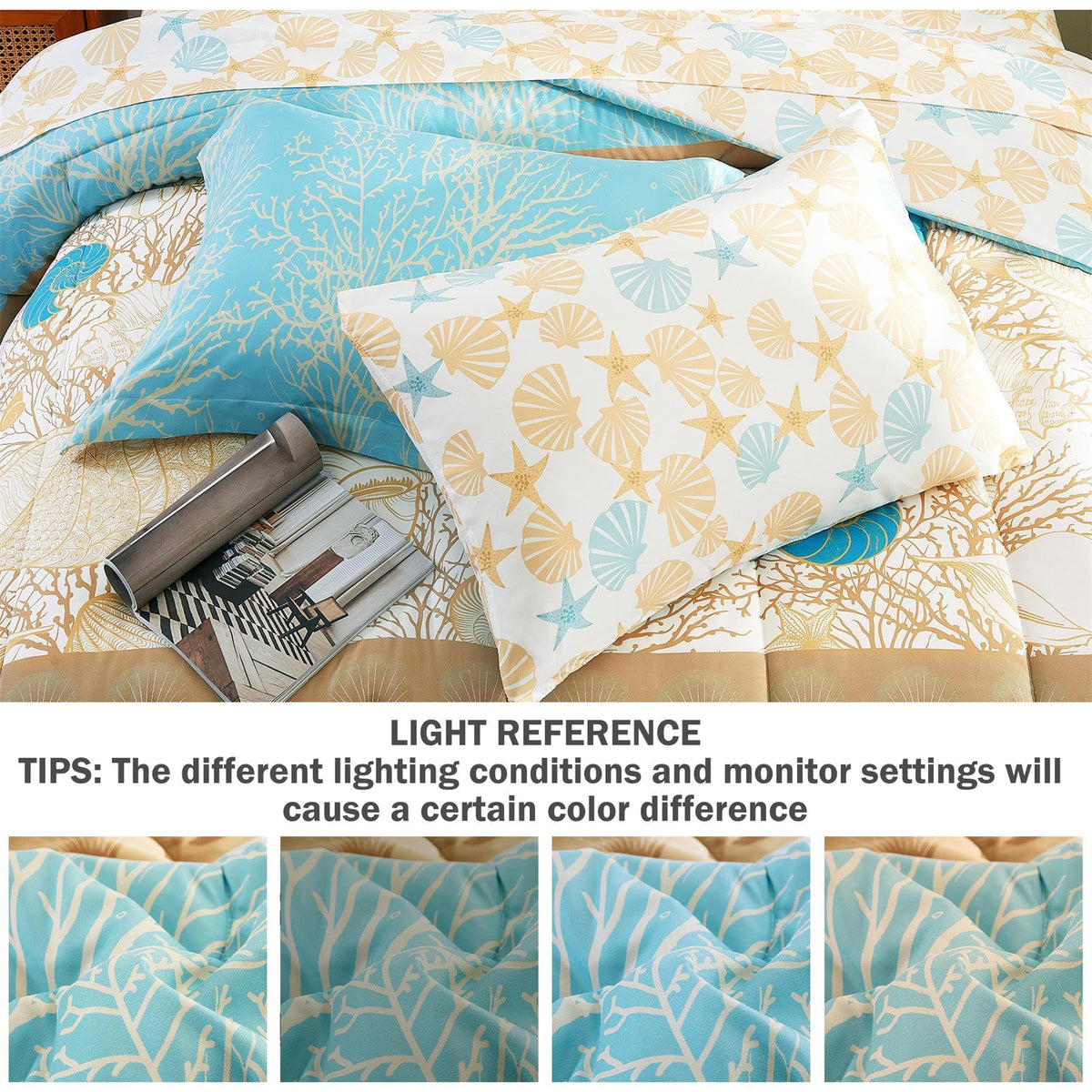 Blue Coastal Comforter Set 7 Pieces, Starfish Printed Bedding Bed in A Bag, Soft Microfiber Comforter with