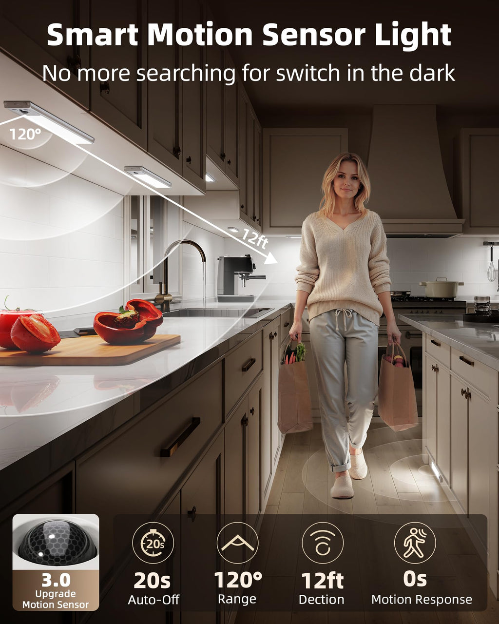 10inch Under Cabinet Lighting, 2400mAh Rechargeable Motion Sensor Light, Magnetic Closet Lights with Dimmable