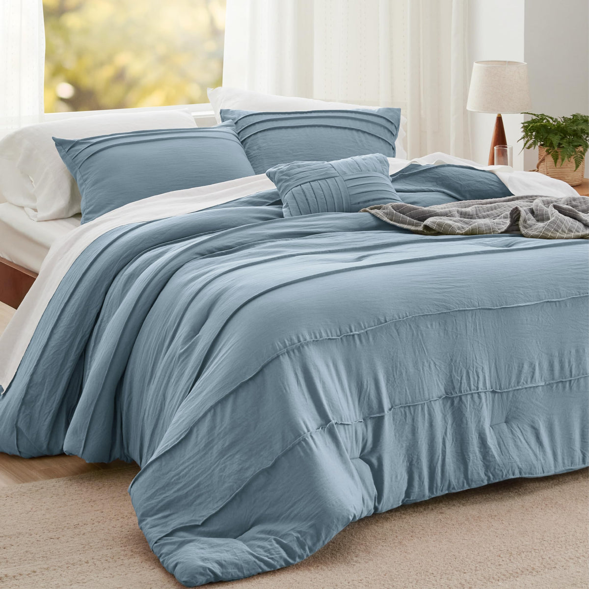 Full Comforter Set 4 Piece, Light Blue Boho Bedding, All-Season