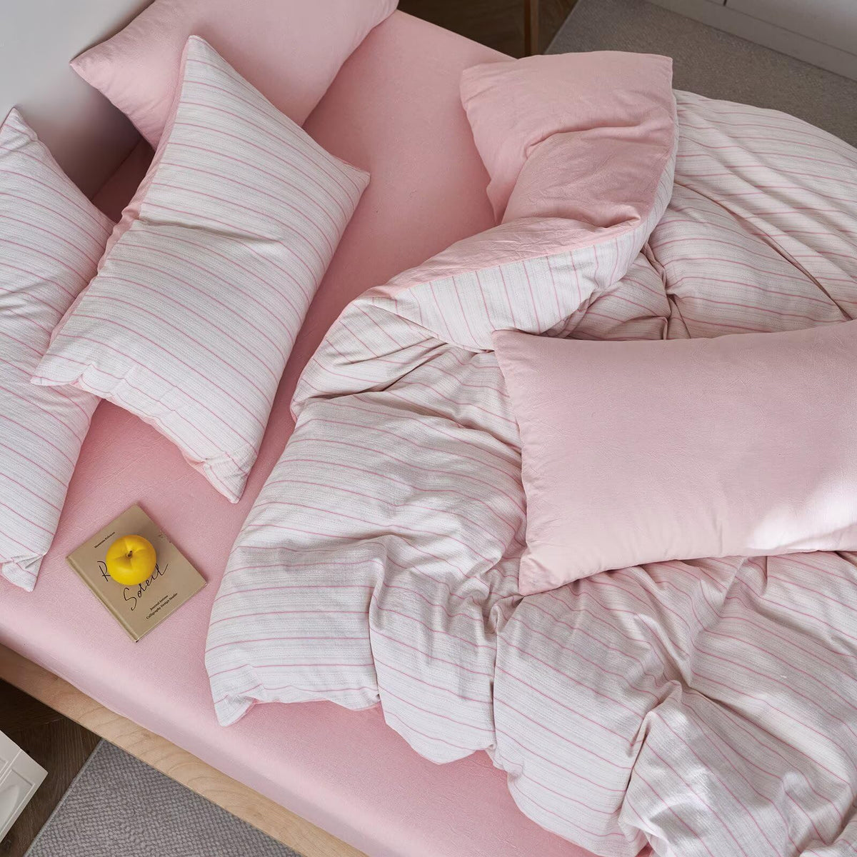 Pink Striped Duvet Cover, Cottagecore 100% Washed Cotton Duvet Cover