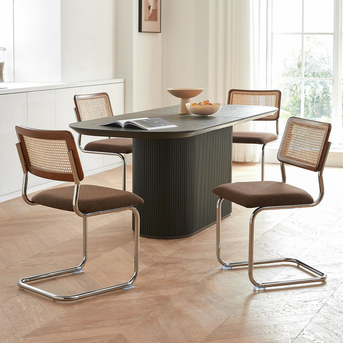 Rattan Dining Chairs Set of 4, Mid-Century Modern Wooden Kitchen Chairs with Cane Mesh Back and Metal Chrome Legs, Brown