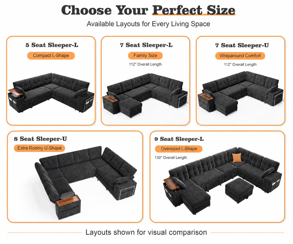 130" Modular Sectional Sleeper Sofa with Pull Out Bed, 9 Seat L Shaped Couch with Ottoman & Chaise/Reclining