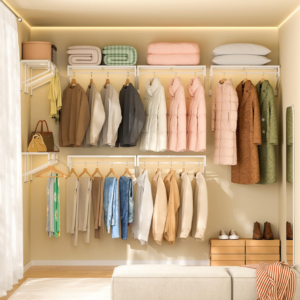 Expandable Closet Shelves Wall Mounted, 2 Pack Closet Shelving with Hanging Rods, Wall Shelving for Walk-in Closet