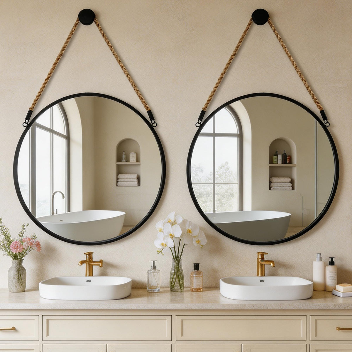 24" Round Wall Mirror with Jute Rope, Circle Hanging Mirror for Wall