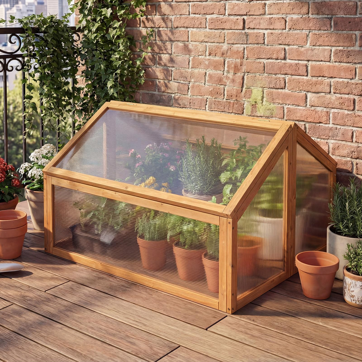 Wood Cold Frame Greenhouse, Portable Raised Flower Planter Protection with Transparent Openable Roof, Small Indoor