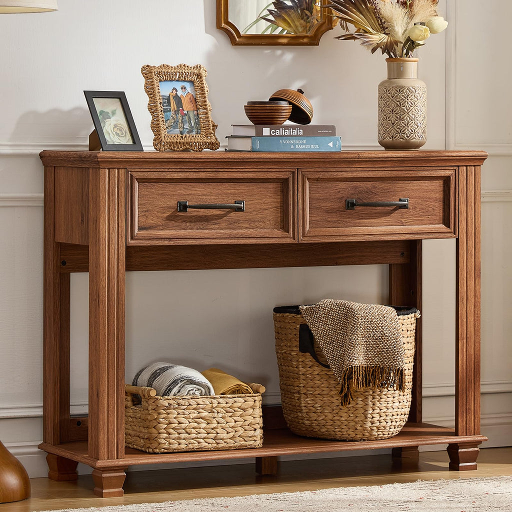 46" Farmhouse Console Table with Drawers, Brown Entryway Table
