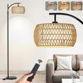 Arc Floor Lamp, Farmhouse Floor Lamps with Remote Control & Dimmable Bulb, Boho Rattan Tall Standing Lamp Office