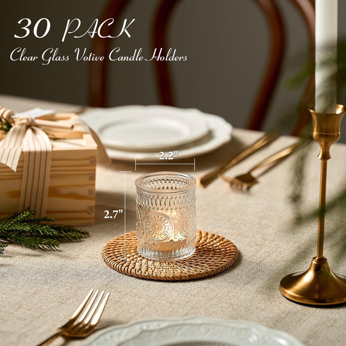 30 Pack Clear Glass Votive Candle Holders, Vintage Candle Holder Bulk, Tealight Candle Holders for Table