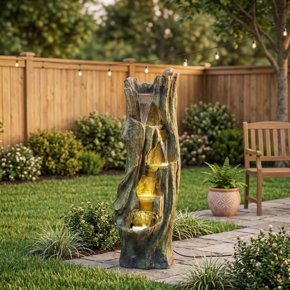 Rustic Tree Stump Fountain with LED Light, Resin Outdoor Garden Decor | Tall resin tree stump fountain with cascading