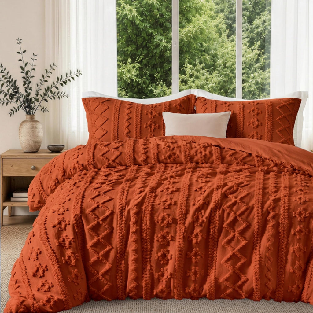 Boho Duvet Cover Queen, Terracotta Tufted Embroidery 3-Piece