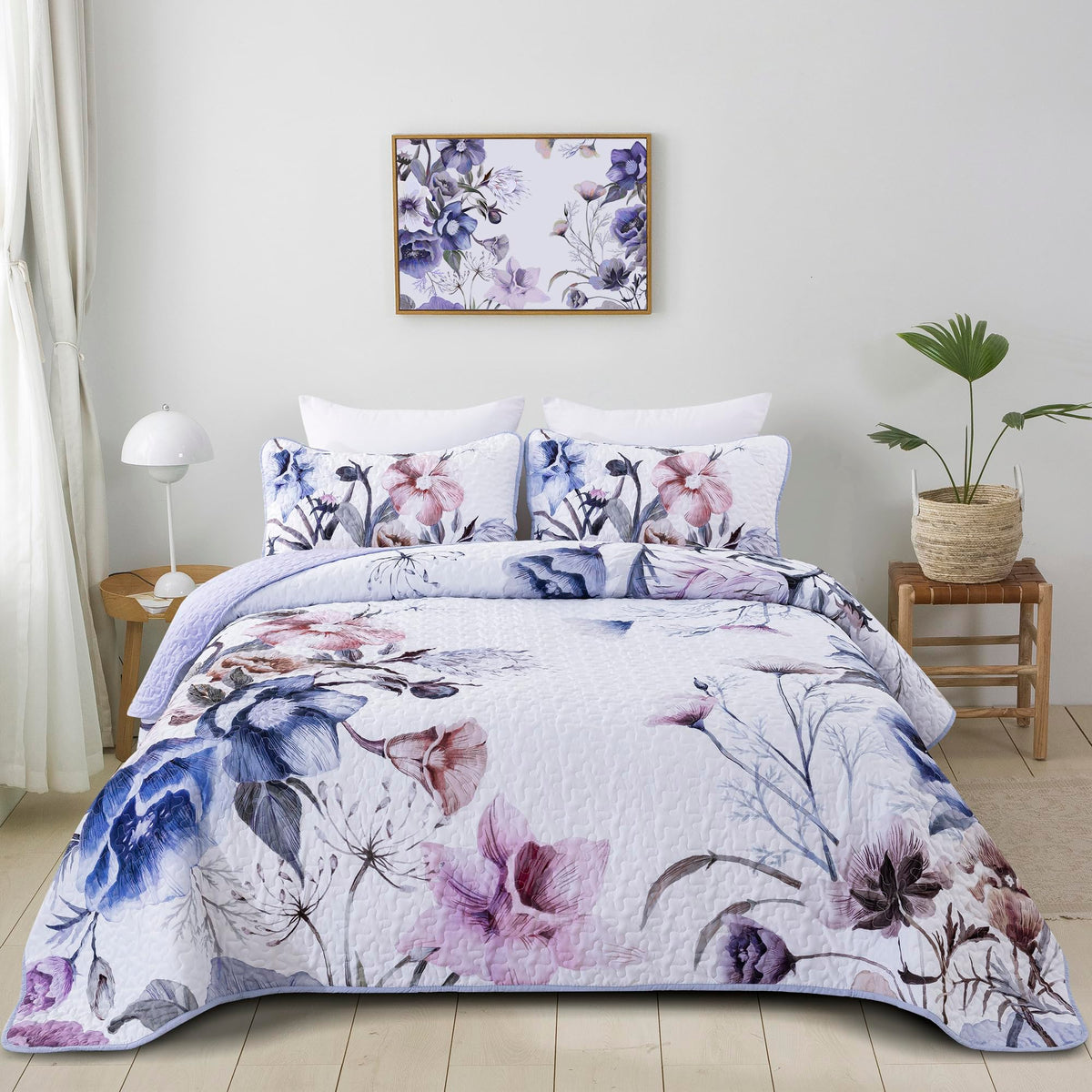 Floral Quilt Set 3 Pieces Light Blue Floral Quilt Coverlet Set
