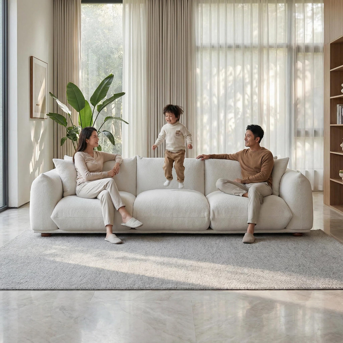 Sofa Couch, 100", 3 Seater, Solid Wood Frame, Boucle, Minimalist, Cream
