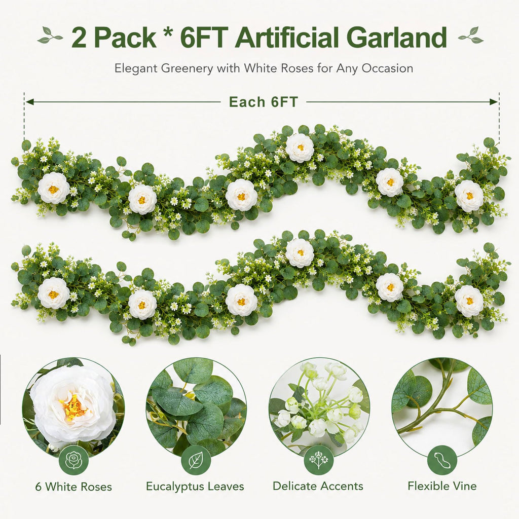 2 Pack Total 12FT Artificial Eucalyptus Garland with White Rose