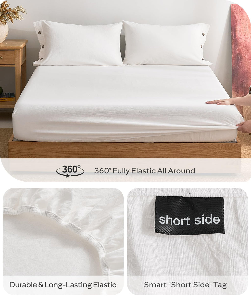 100% Washed Cotton Sheet Set, 4PC, Deep Pocket, White