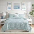Seaside Reversible Cotton Quilt Set Coastal Clam, Starfish, Coral Embroidery, All Season, Pre-Washed Coverlet Bedding
