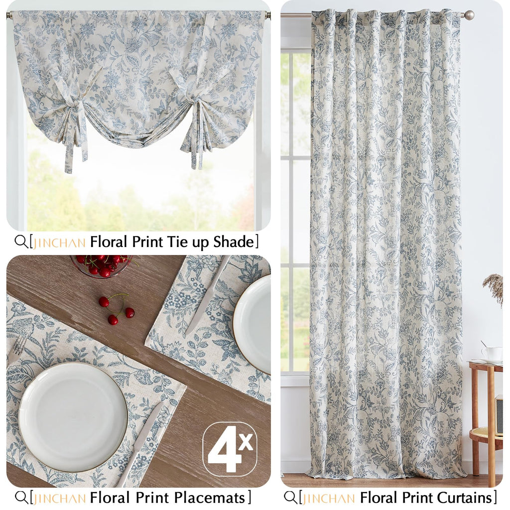 Linen Floral Placemats Set of 4 Farmhouse 13x19 Inch Blue