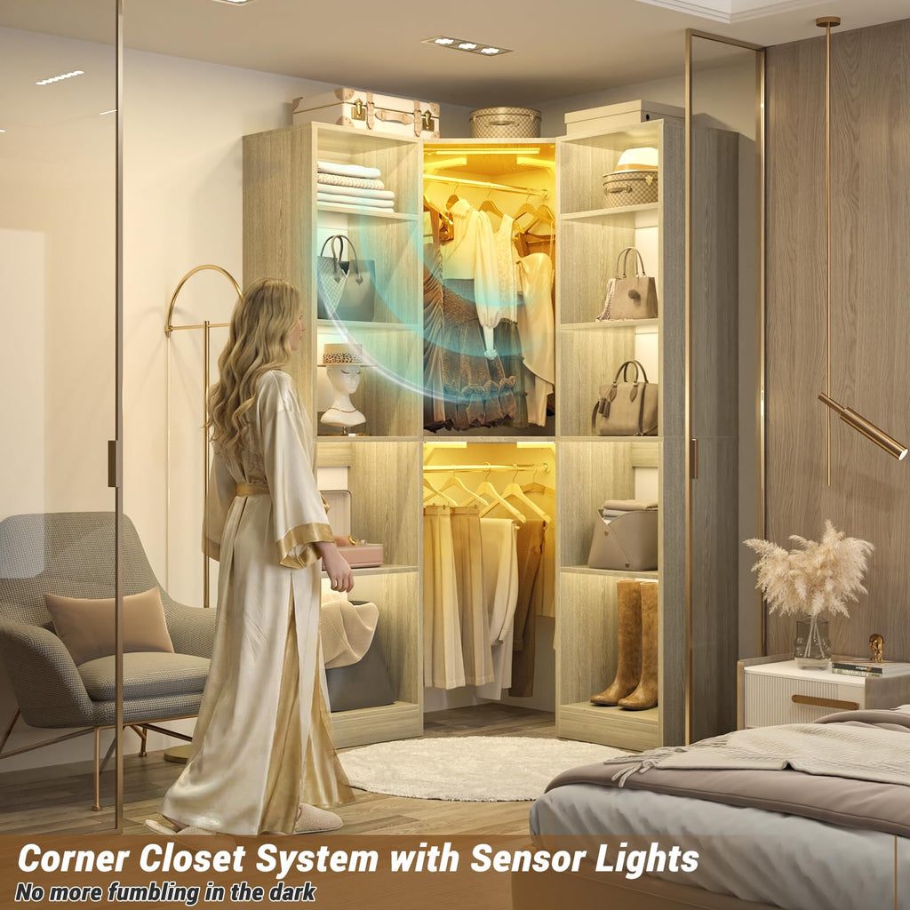 Corner Closet System with 2 Motion Sensor Lights, 39.2" Corner Closet Organizer with 12 Shelves, Closet System with 2