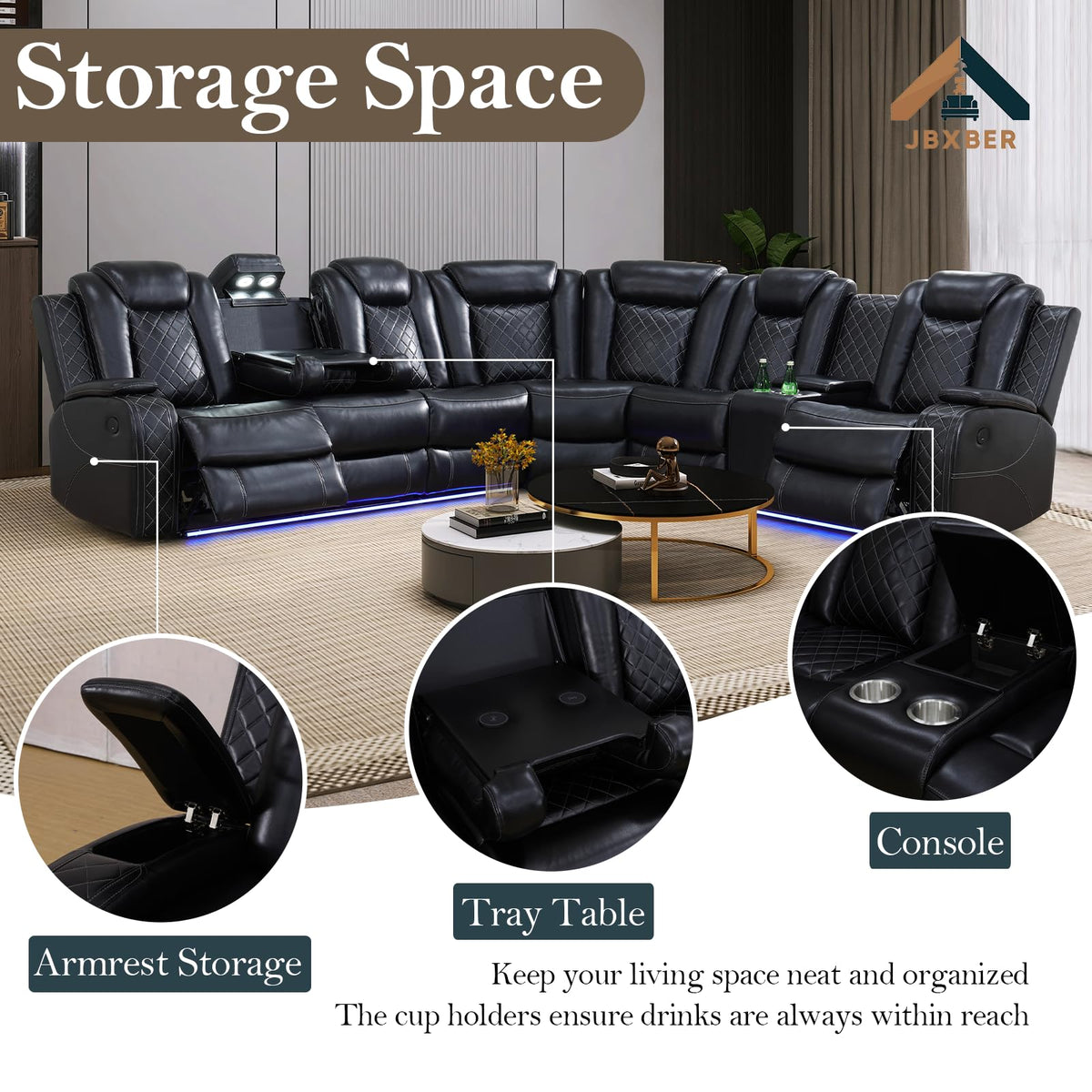 Power Recliner Sectional Sofa Set, Leather Recliner Sofa Sets, L-Shaped Corner Sectional Couch Sets with LED Lights