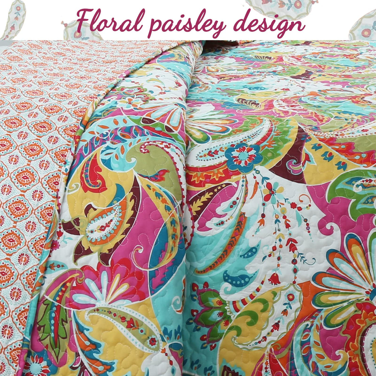Gorgeous Paisley Floral Bloom Reversible Quilt Bedding Set, Bedspread Coverlet Lightweight for All Seasons (Flourish