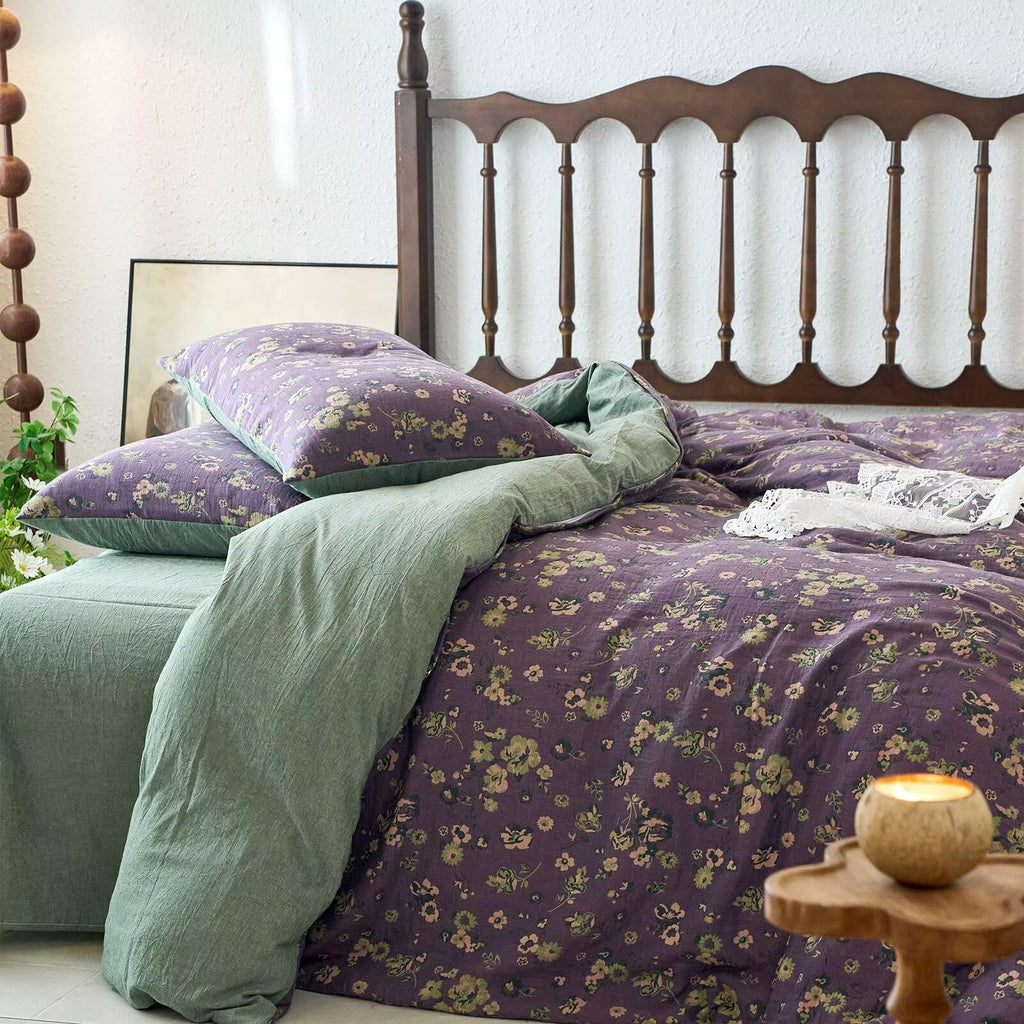 Vintage Purple Green Floral Duvet Cover Set Queen Comforter Cover Yarn-Dyed Jacquard Textured 100% Cotton Muslin