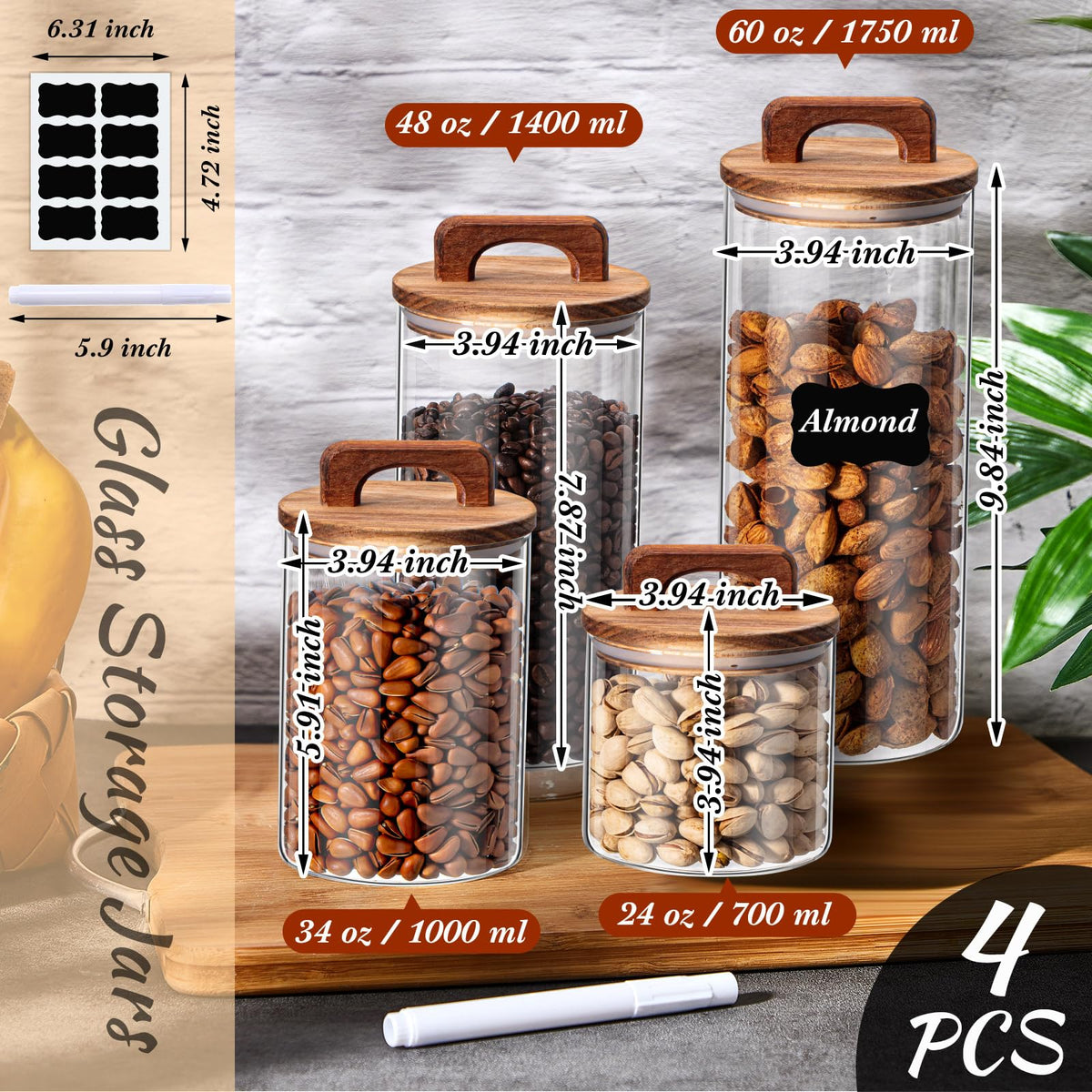 4 Pcs Glass Canisters with Wooden Airtight Lids, Cylindrical