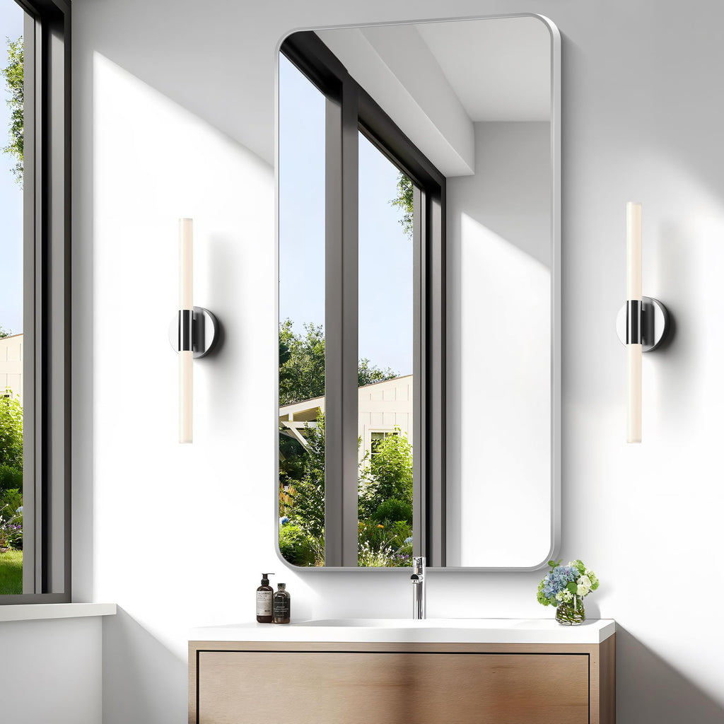 Silver Bathroom Mirror,24x48 inch Wall Mirror Wall Mounted,Rectangle Mirror Over Sink,Modern Frame Round Corner
