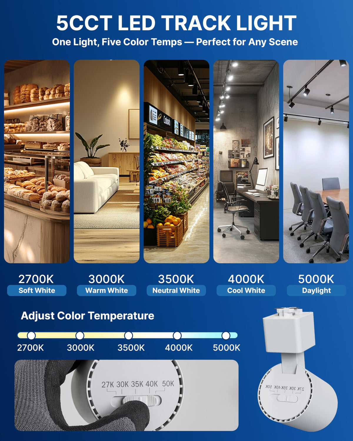 LED J Track Lighting Heads, 10W (60W Eq.), 5CCT (2700K-5000K), 800LM CRI90 Dimmable Track Light Head, 36°COB