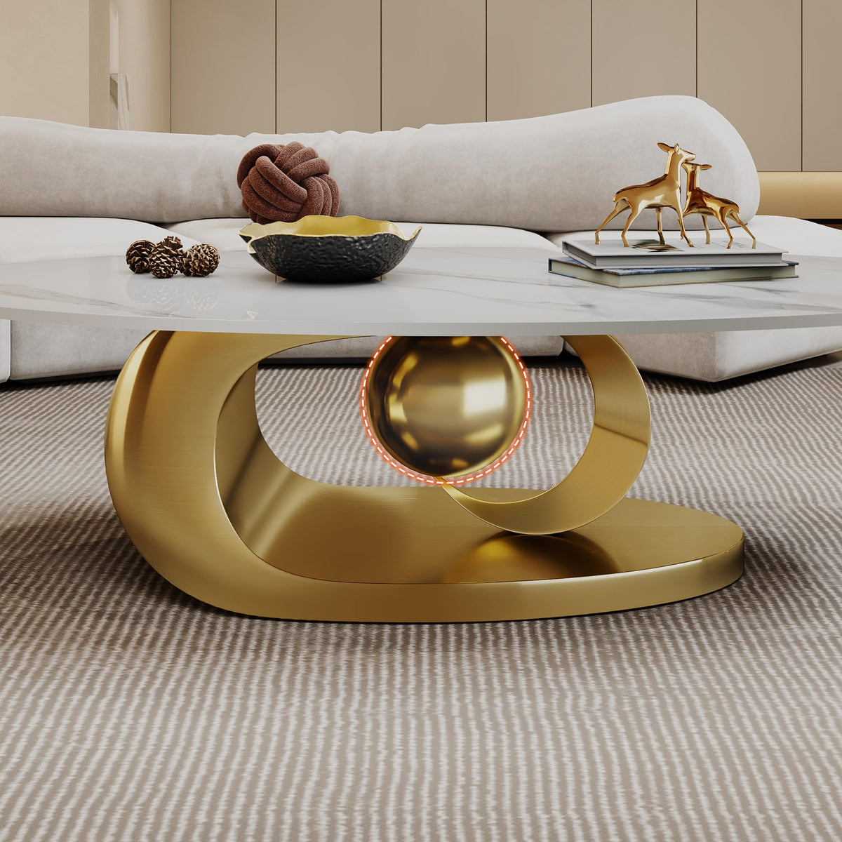 Inspired Saarinen Style Modern Coffee Table with Gold Stainless Steel Pedestal, Oval