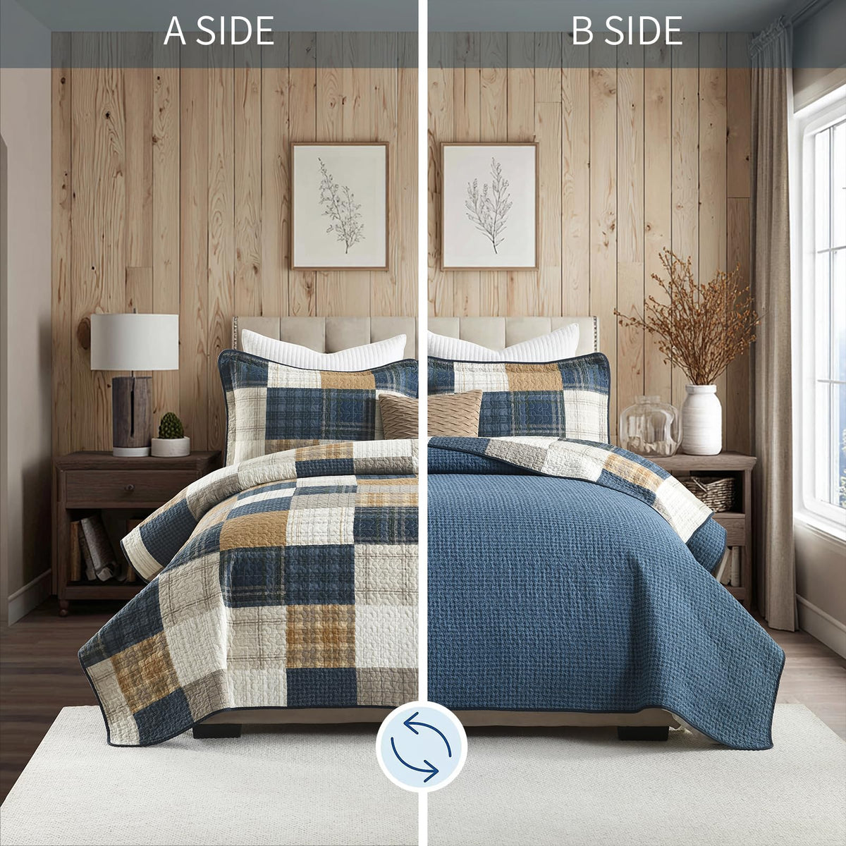 100% Cotton Quilt Set, Rustic Farmhouse Plaid, Blue/Khaki