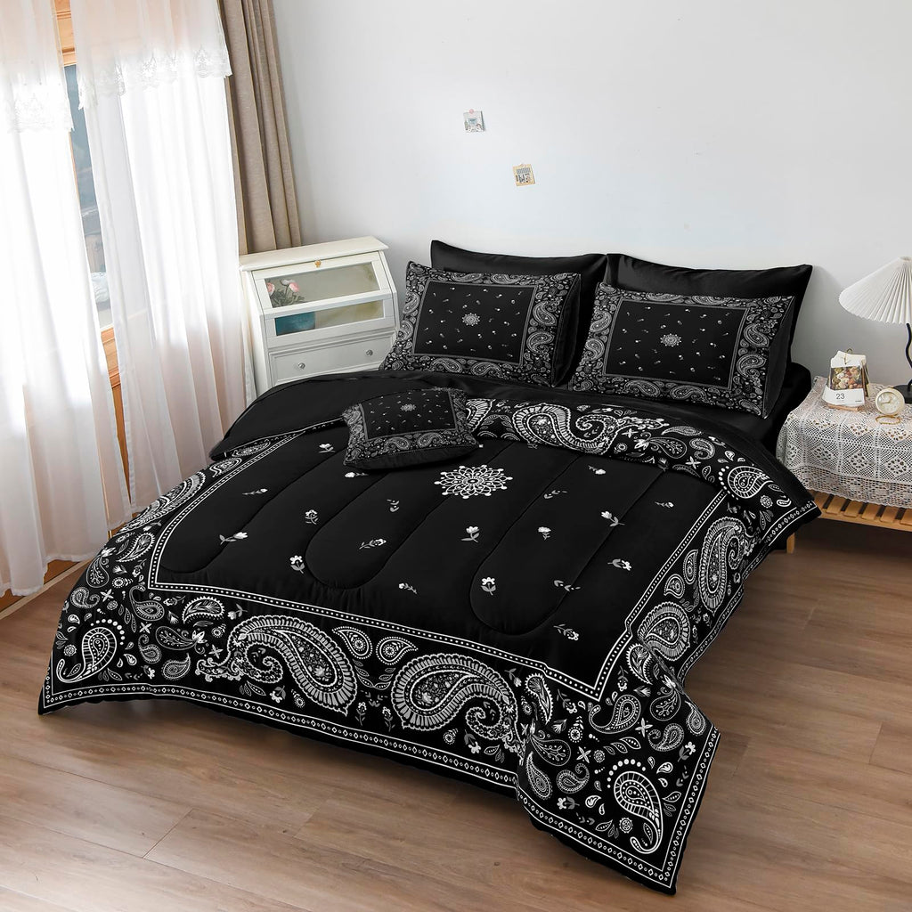 8 Pieces Paisley Comforter Set Queen Black Bedding Set with Sheet Set Boho Style Paisley Flower Comforter Set Decor