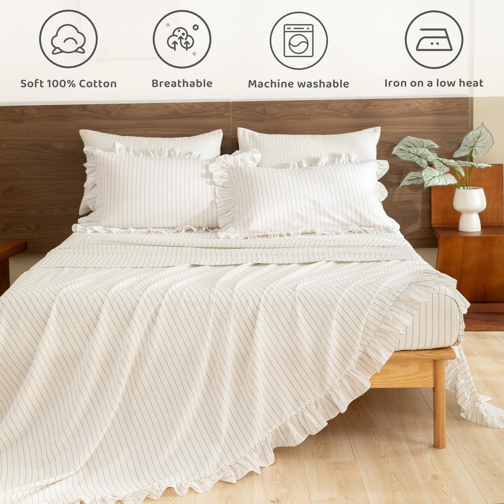 White Grey Stripe Sheet Set, Ruffle, Cotton, 17.5" Deep Pocket