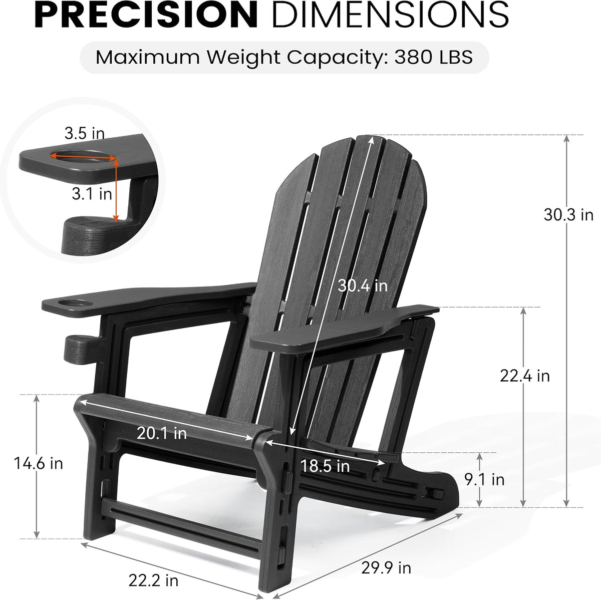 Adirondack Chairs Set of 2, HDPE Outdoor Chairs with Cup Holder | Heavy Duty 380 lbs Capacity, All Weather Wood
