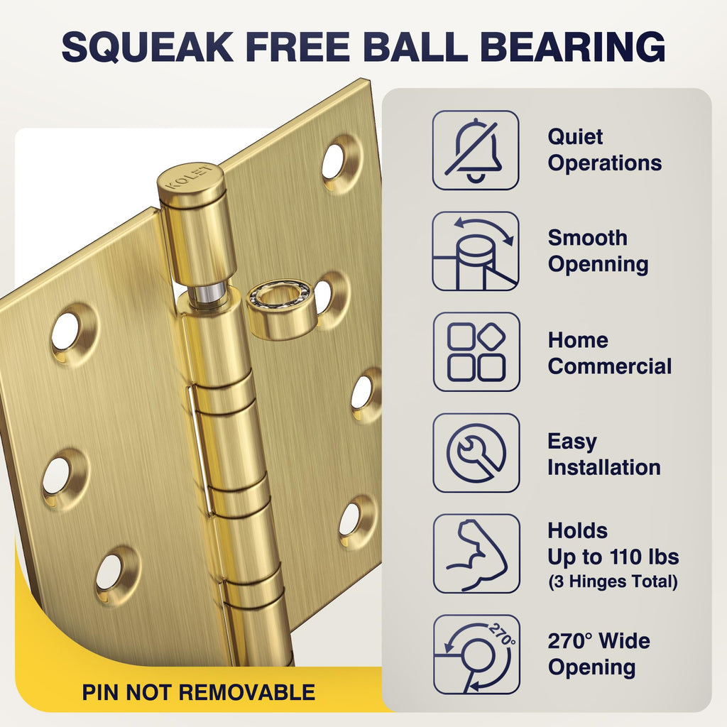 Ball Bearing Door Hinges, 4 x 4 Inches, Brushed Gold, 3 Pack