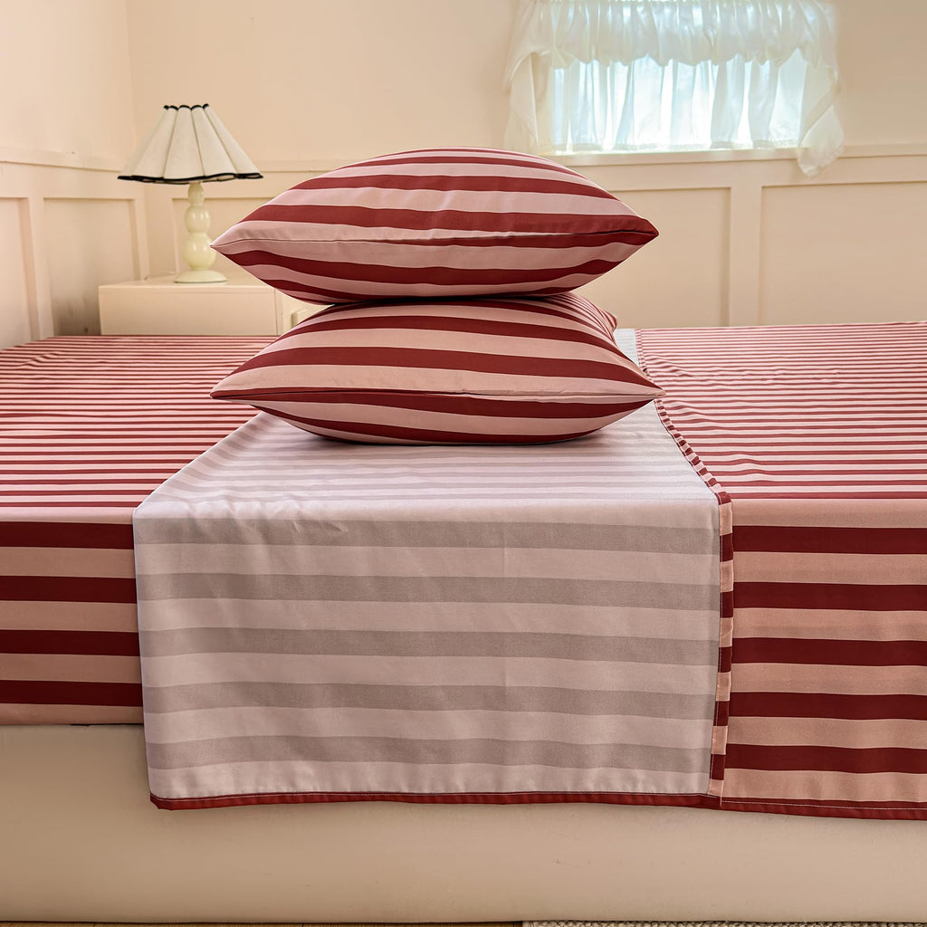 Dark Red Striped Duvet Cover Set