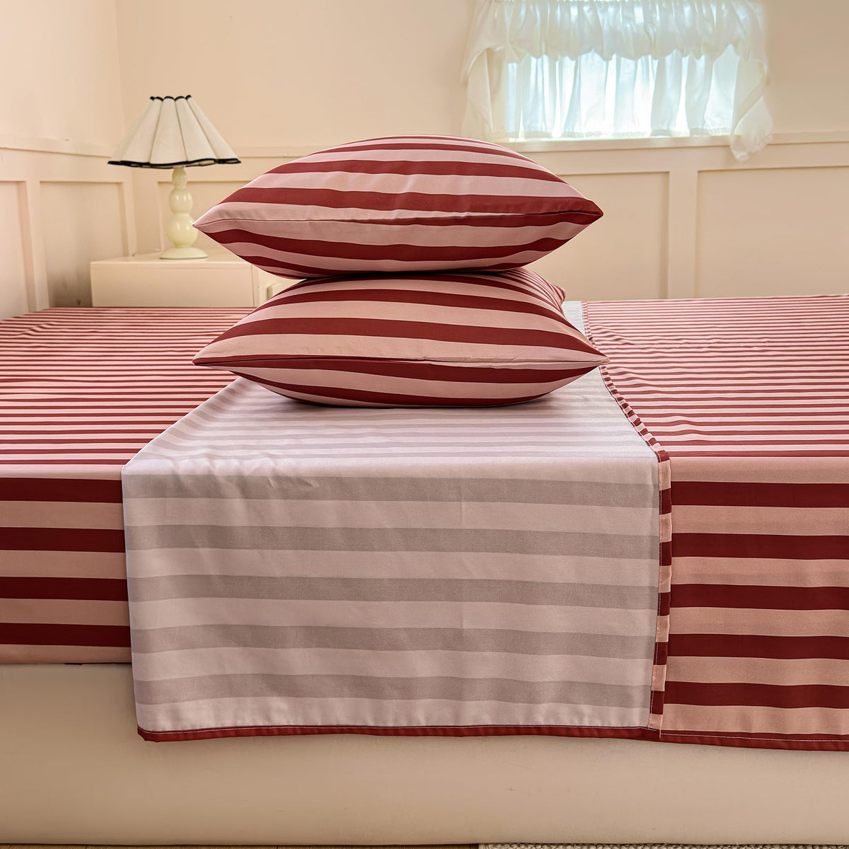 Dark Red Striped Duvet Cover Set