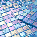 Pool Glass Mosaic Tiles, Iridescent Blue, 1 Inch Sqaure, 5 Sheets