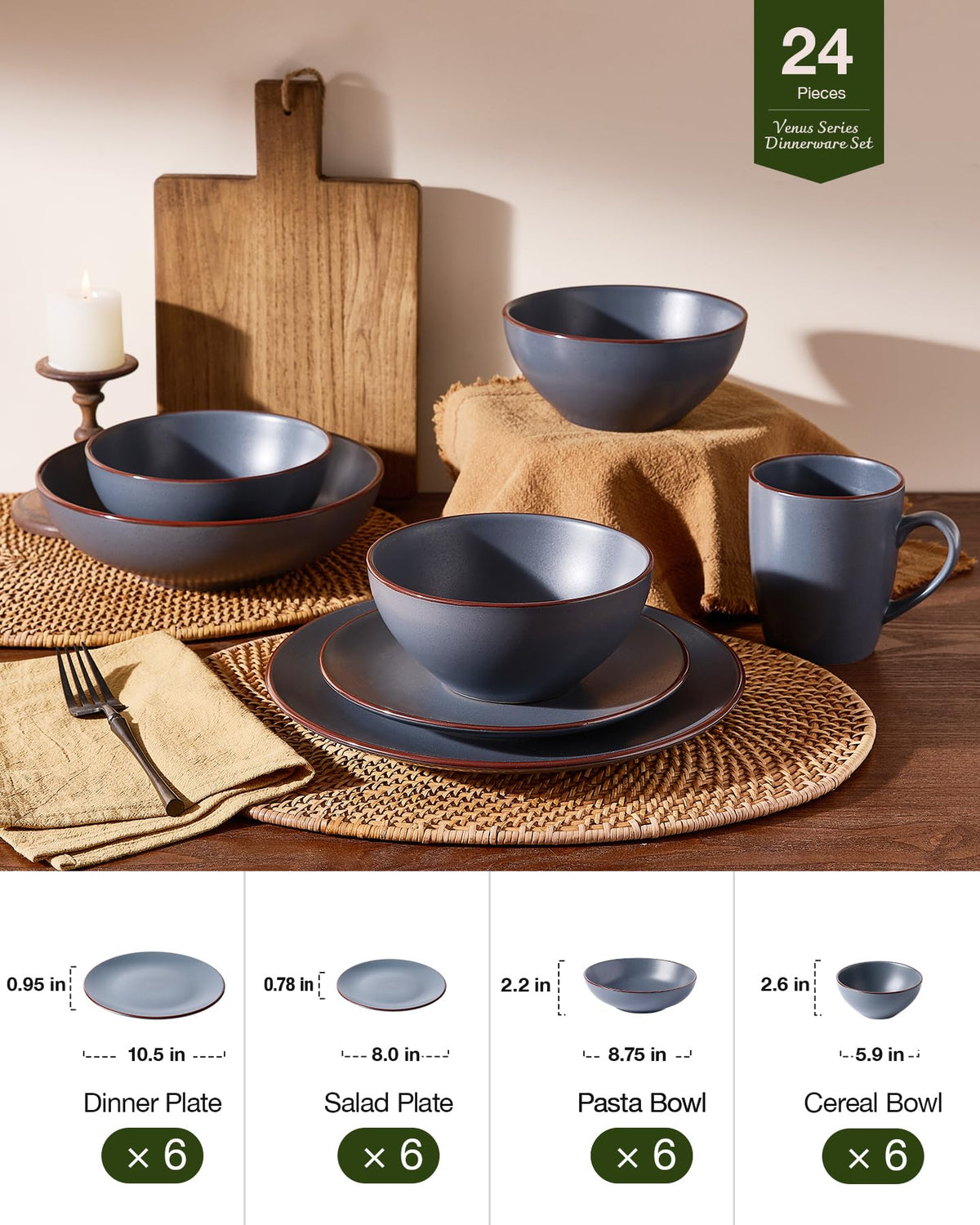 Venus Stoneware Dinnerware Sets with Pasta Bowls, Dishes Set for 6