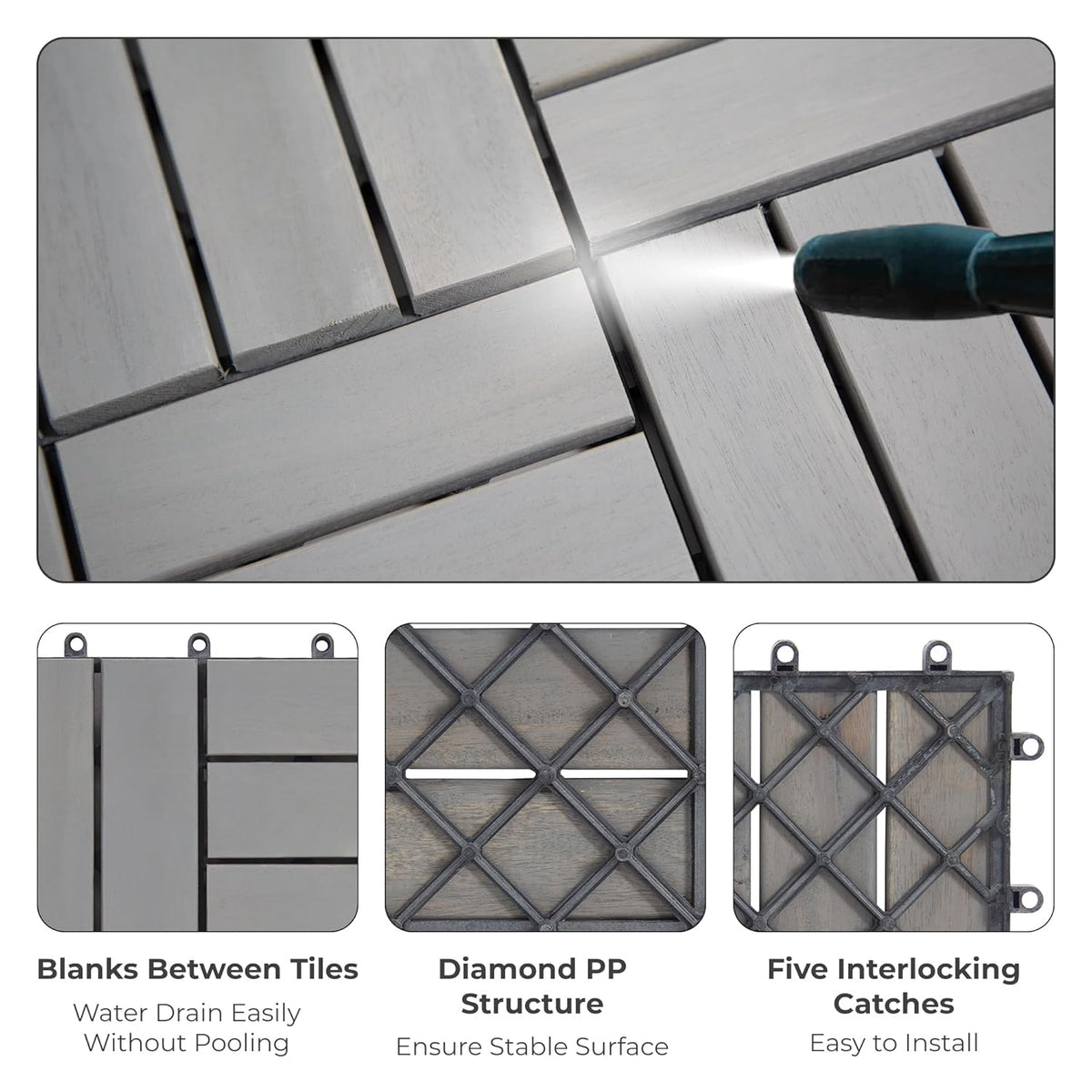 Interlocking Deck Tiles 12"x12"x0.94'' Gray Acacia Wood Patio Decor Flooring Tiles-Interlocking FSC Wood Flooring