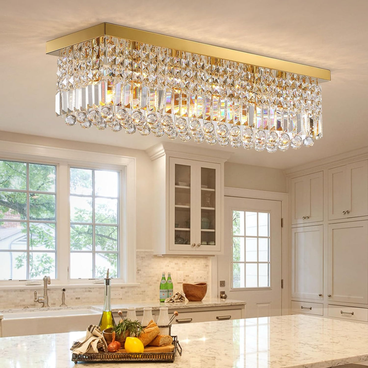 Six-Light Gold Rectangular Crystal Chandelier for Dining Tables