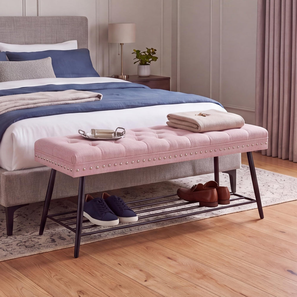 Thick Cushioned Shoe Bench, Entryway Bench with Metal Shoe Rack, Upholstered Tufted Ottoman Bench, End of Bed Bench