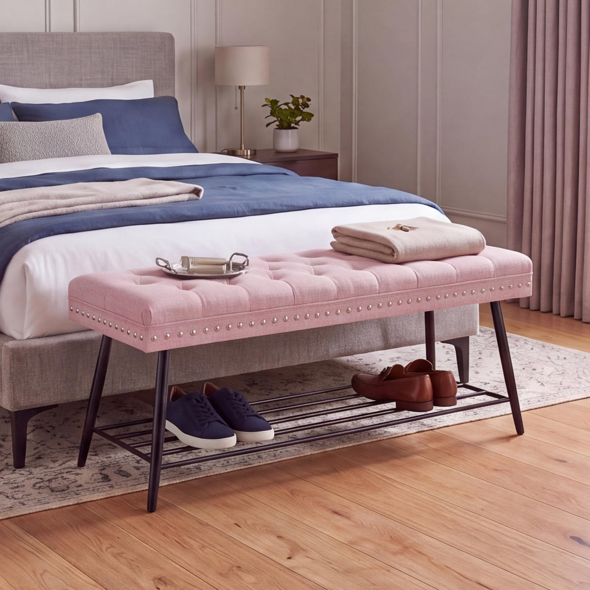 Thick Cushioned Shoe Bench, Entryway Bench with Metal Shoe Rack, Upholstered Tufted Ottoman Bench, End of Bed Bench
