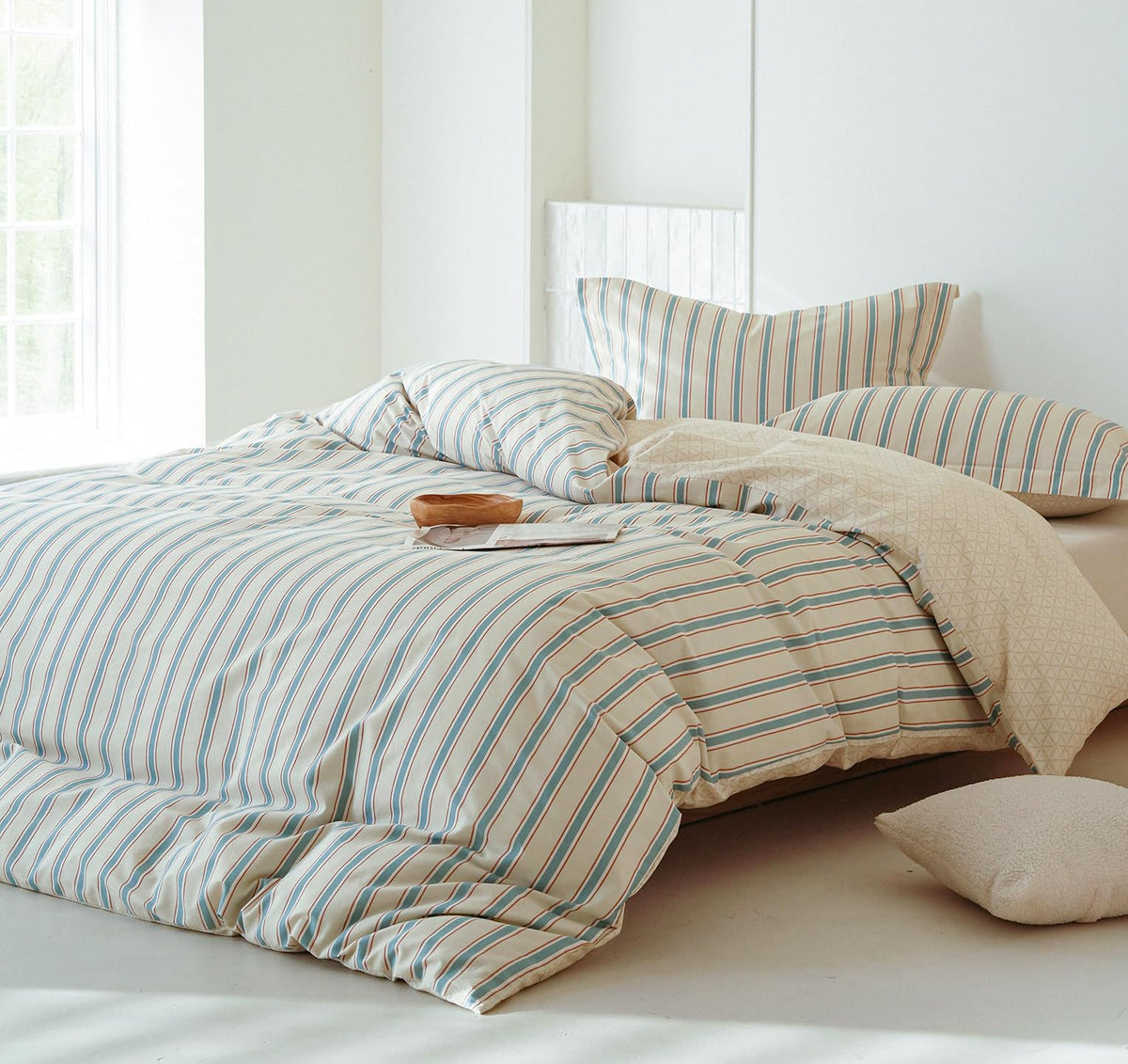 Striped Duvet Cover, 100% Natural Cotton Vintage Beige & Blue Pattern Printed Bedding Set, Soft Breathable