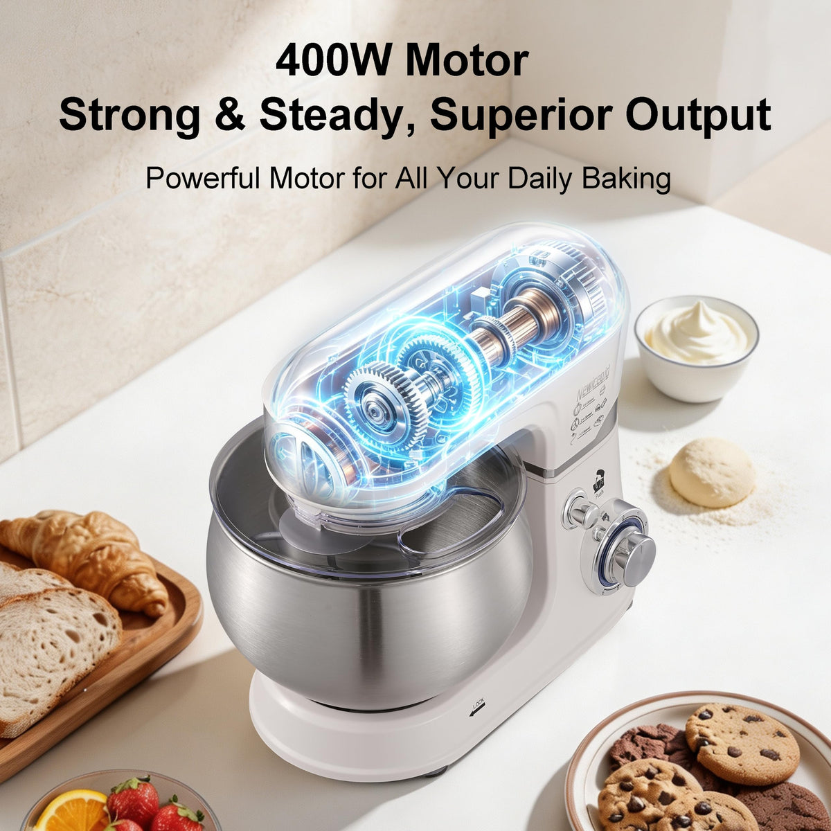 6-Speed 5.3QT+3.2QT Two-Bowl Stand Mixer, Creamy White