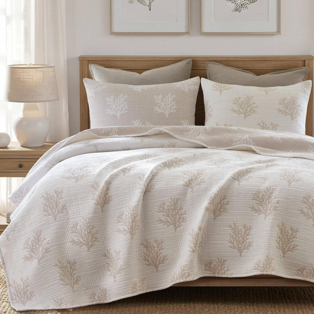 Cotton Quilt Set, Coastal Reversible Bedding, Linen