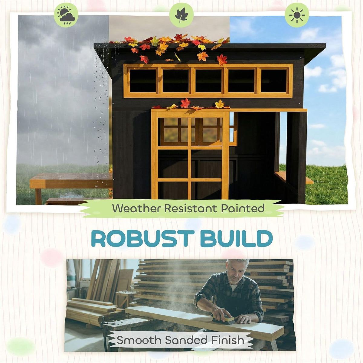 Fir Wood Outdoor Playhouse for 3-8: Chalkboard Walls, Built-in Picnic Table & Benches, 110lb Capacity