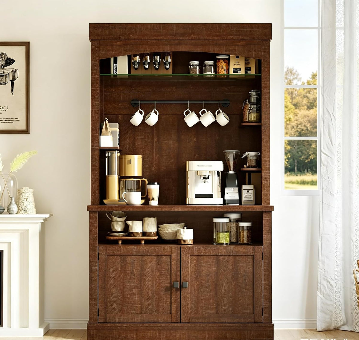 72" Farmhouse Coffee Hutch Cabinet, Large LED Buffet Sideboard with Wine Rack & Glass Shelf, Tall Kitchen Storage