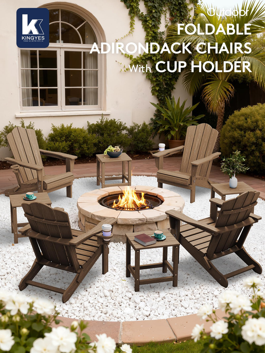 Folding Adirondack Chair Set of 4 with Cup Holder, Brown